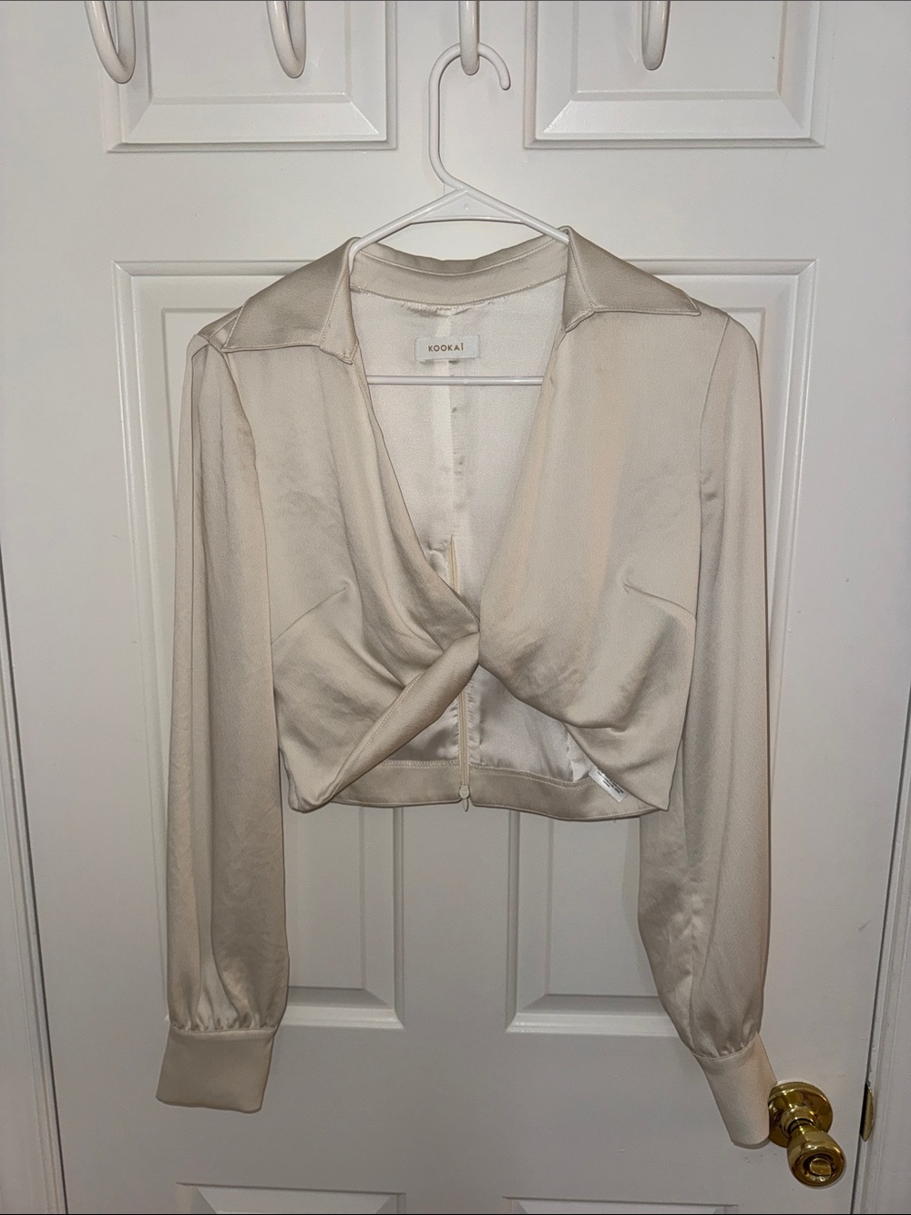 Kookai Ivory Satin Twist-Front Long Sleeve Crop Top